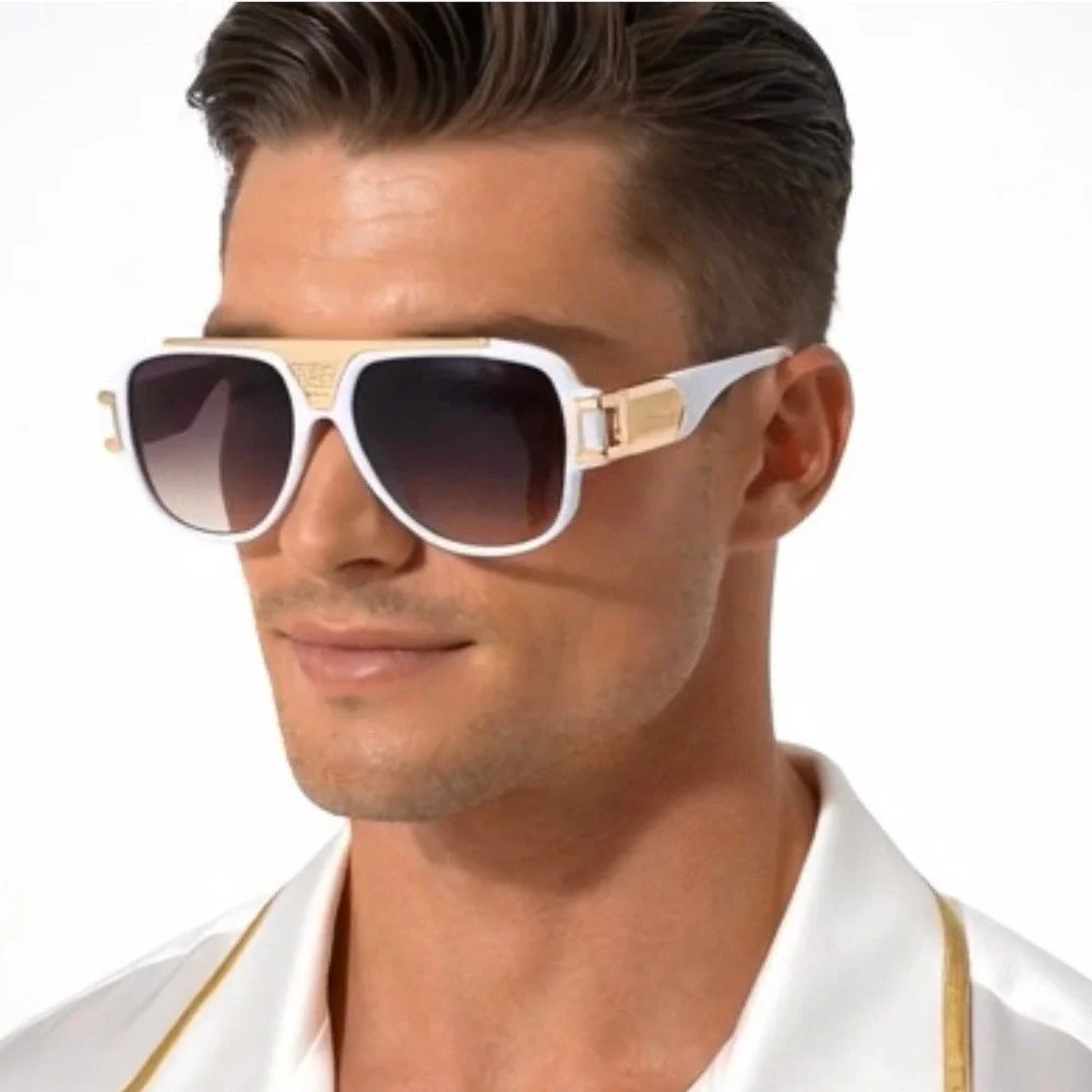 Mens White Gold Oversized Retro‎ Sunglasses Square Pilot Gradient Lenses Lentes